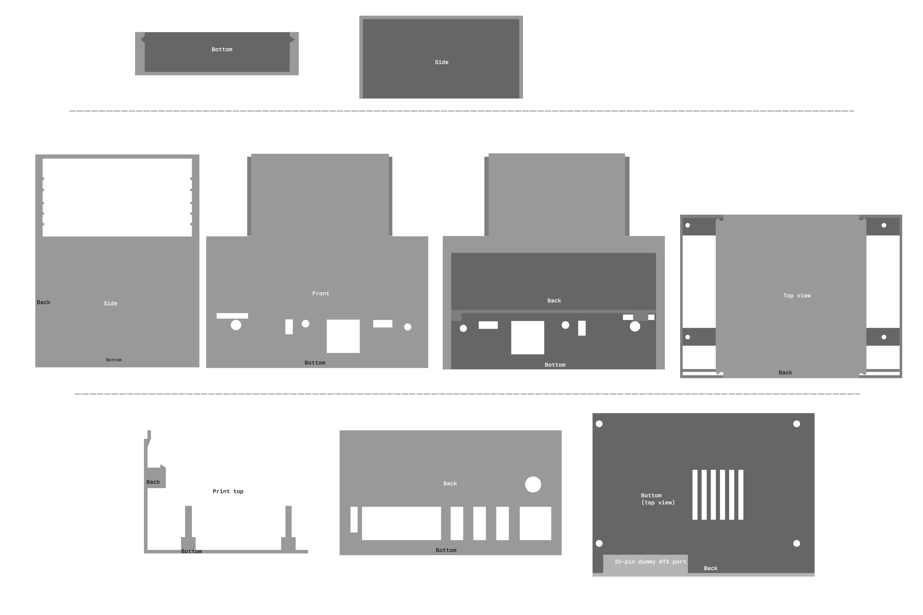 2D mockup of the three parts, the drive panel on top, the main body in middle,
and the bottom/back panel at the bottom.