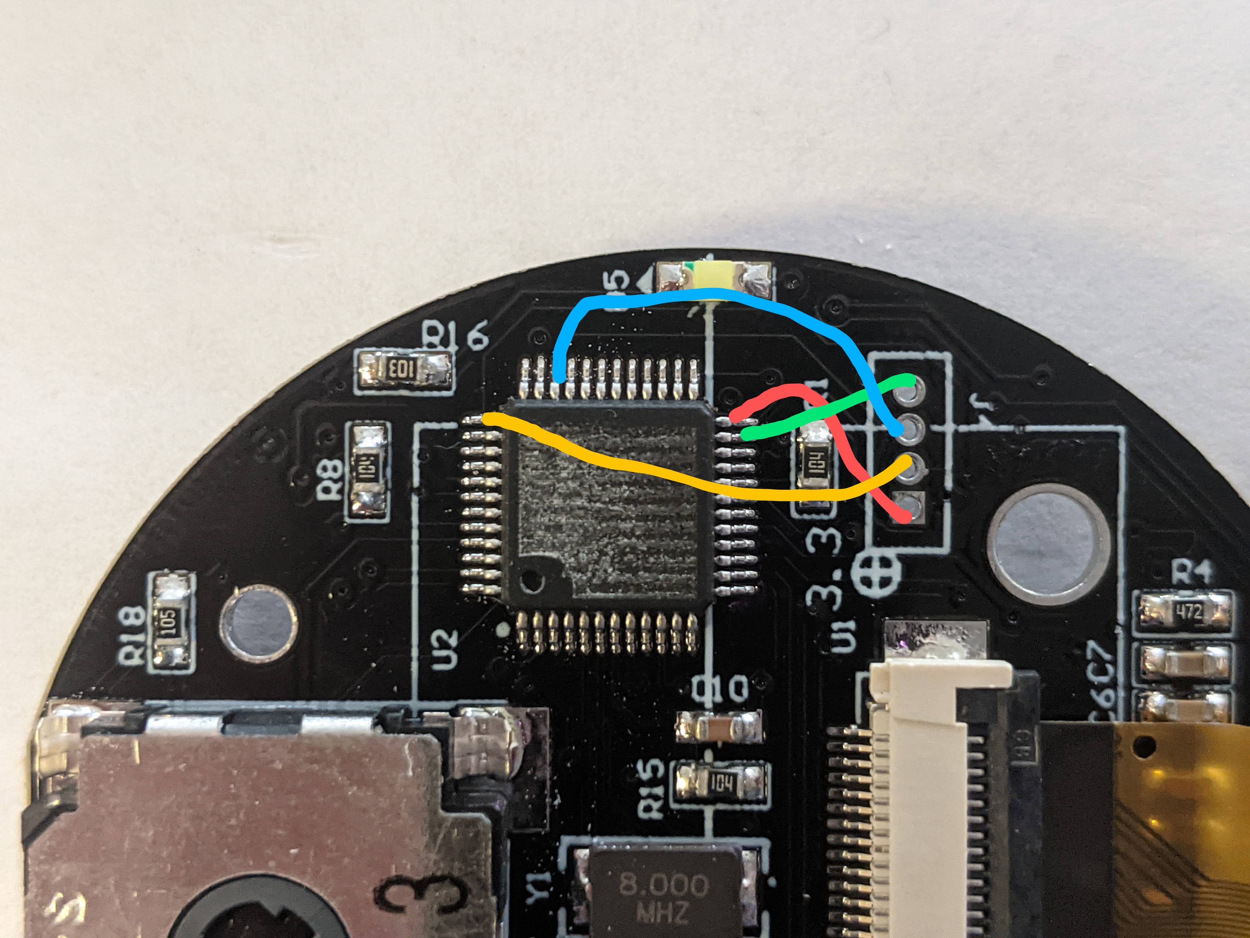 Image of the board with annotations showing the connection from each header to the MCU’s pins