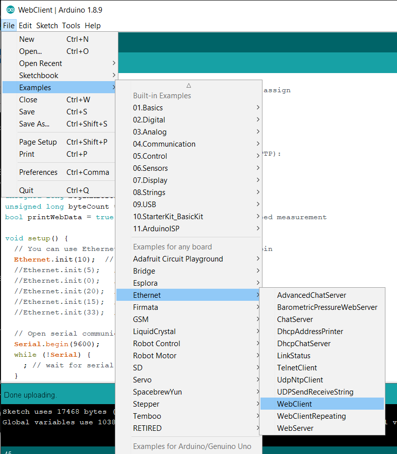 Arduino IDE > File > Examples > Examples for any board > Ethernet > WebClient